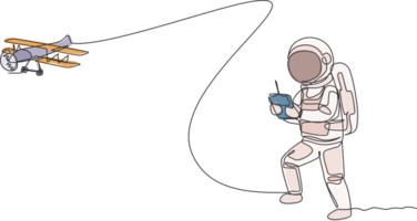 Single continuous line drawing of astronaut playing airplane radio control in moon surface. Having fun in leisure time on outer space concept. Trendy one line draw design illustration graphic png