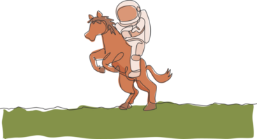 One single line drawing of astronaut riding horse, wild animal in moon surface illustration. Cosmonaut safari journey concept. Modern continuous line draw graphic design png