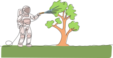 One continuous line drawing of spaceman watering plant tree using metal plastic hose in moon surface. Deep space farming astronaut concept. Dynamic single line draw design graphic illustration png