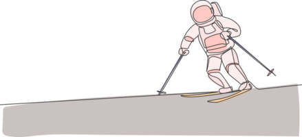 Single continuous line drawing of astronaut exercise skiing on moon surface, outer deep space. Space astronomy galaxy sport concept. Trendy one line draw graphic design illustration png