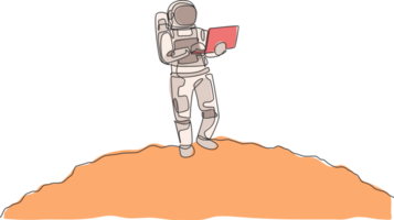 Single continuous line drawing of astronaut standing in moon surface while typing using laptop. Business office with galaxy outer space concept. Trendy one line draw design graphic illustration png