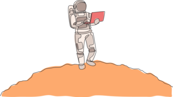 Célibataire continu ligne dessin de astronaute permanent dans lune surface tandis que dactylographie en utilisant portable. affaires Bureau avec galaxie extérieur espace concept. branché un ligne dessiner conception graphique illustration png