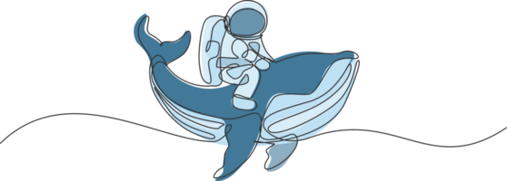 soltero continuo línea dibujo de cosmonauta con traje espacial montando azul ballena, gigante mamífero animal en universo. fantasía astronauta safari viaje concepto. de moda uno línea dibujar diseño ilustración png