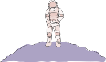 uno continuo línea dibujo de joven astronauta en traje espacial poner manos en bolsillos en Luna superficie. astronauta negocio oficina con profundo espacio concepto. dinámica soltero línea dibujar diseño ilustración png