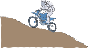 Célibataire continu ligne dessin de astronaute exercice motocross tour sur lune surface. espace astronomie galaxie sport concept. branché un ligne dessiner conception graphique illustration png