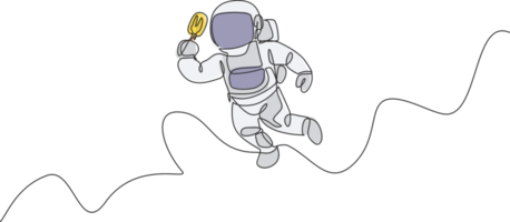 Single continuous line drawing of spaceman flying relax while eating popsicle ice cream in nebula galaxy. Fantasy fiction of outer space life concept. Trendy one line draw design illustration png