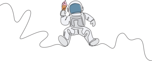 een doorlopend lijn tekening van kosmonaut vliegend en aan het eten zoet verkoudheid ijshoorntje melk ijs room in galactisch. fantasie buitenste ruimte astronaut leven concept. dynamisch single lijn trek ontwerp illustratie png