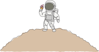 One single line drawing astronaut walking om moon surface while eating sweet cold milk ice cream cone graphic illustration. Fantasy outer space life concept. Modern continuous line draw design png