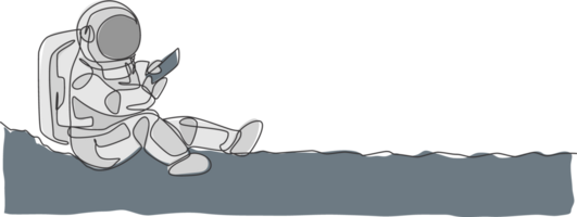 Single continuous line drawing of astronaut siting on moon surface and texting to partner in earth. Business office with galaxy outer space concept. Trendy one line draw design illustration png