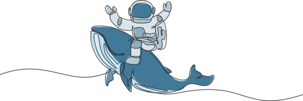 One single line drawing of astronaut riding blue whale, giant mammal animal in galaxy nebula illustration. Cosmonaut journey concept. Modern continuous line draw graphic design png