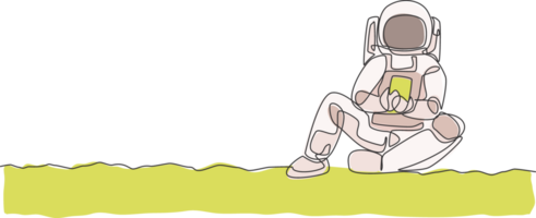 One continuous line drawing of young spaceman on spacesuit siting relax on moon surface while texting. Astronaut business office with deep space concept. Single line draw design illustration png