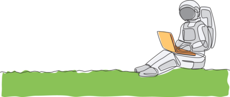Single continuous line drawing of astronaut sitting in moon surface while typing on laptop computer. Business office with galaxy outer space concept. Trendy one line draw design illustration png