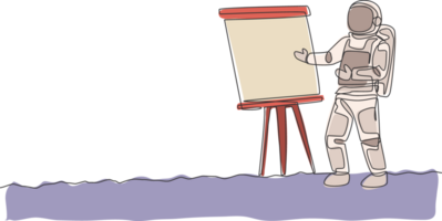 Single continuous line drawing of astronaut give marketing and sales data presentation in company meeting. Business office with galaxy outer space concept. One line draw design illustration png