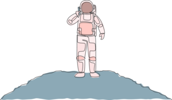 un Célibataire ligne dessin de cosmonaute appel le sien partenaire en utilisant téléphone intelligent dans lune surface illustration. astronaute affaires Bureau avec extérieur espace concept. moderne continu ligne dessiner conception png