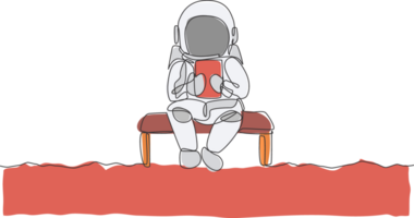 Single continuous line drawing of astronaut siting relax on chair while reading news in tablet phone. Business office with galaxy outer space concept. Trendy one line draw design illustration png