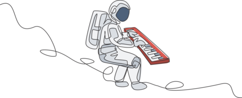 un Célibataire ligne dessin de astronaute en jouant clavier musical instrument dans Profond espace graphique illustration. la musique concert affiche avec espace astronaute concept. moderne continu ligne dessiner conception png