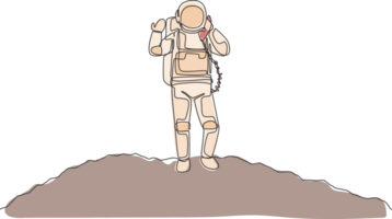 singolo continuo linea disegno di astronauta nel Luna superficie chiamata con Telefono satellitare. attività commerciale ufficio con galassia esterno spazio concetto. di moda uno linea disegnare grafico design illustrazione png
