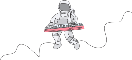 Single continuous line drawing of astronaut keyboardist playing keyboard musical instrument in cosmic galaxy. Deep space music concert concept. Trendy one line draw graphic design illustration png