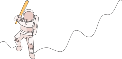 Single continuous line drawing of astronaut playing baseball on moon surface. Space astronomy galaxy sport concept. Trendy one line draw graphic design illustration png