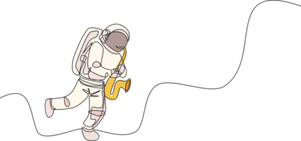 One continuous line drawing astronaut with spacesuit playing saxophone in galaxy universe. Outer space music concert and orchestra concept. Dynamic single line draw design graphic illustration png