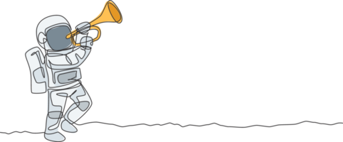 uno soltero línea dibujo astronauta jugando trompeta musical instrumento en Luna superficie gráfico ilustración. música concierto póster con espacio astronauta concepto. moderno continuo línea dibujar diseño png