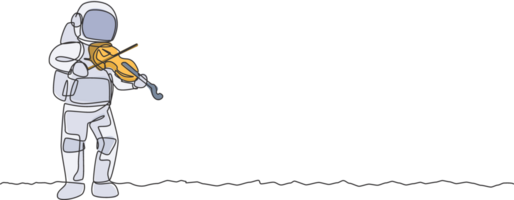 ett enda linje teckning av spaceman spelar fiol musikalisk instrument i djup Plats grafisk illustration. musik konsert affisch med Plats astronaut begrepp. modern kontinuerlig linje dra design png