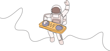 uno singolo linea disegno di astronauta giocando miscelatore dj musicale strumento nel in profondità spazio illustrazione. musica concerto manifesto con spazio astronauta concetto. moderno continuo linea grafico disegnare design png