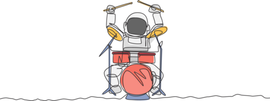 ett kontinuerlig linje teckning av astronaut handelsresande med space spelar trumma i måne yta. yttre Plats musik konsert begrepp. dynamisk enda linje dra design illustration grafisk png