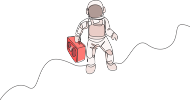 ett enda linje teckning av spaceman flygande och föra retro radio i djup Plats grafisk illustration. musik konsert affisch med Plats astronaut begrepp. modern kontinuerlig linje dra design png