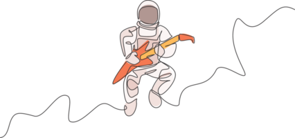 One continuous line drawing of astronaut with spacesuit playing electric guitar in galaxy universe. Outer space music concert concept. Dynamic single line draw graphic design illustration png