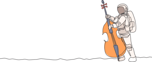 ett enda linje teckning av spaceman cellist spelar cello musikalisk instrument på måne yta illustration. musik konsert affisch med Plats astronaut begrepp. modern kontinuerlig linje dra design png