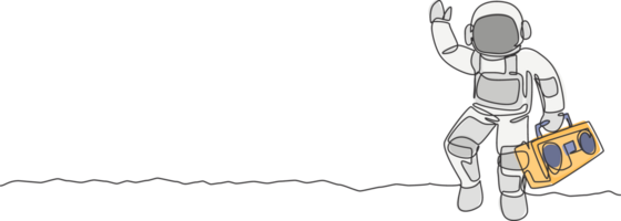 solteiro contínuo linha desenhando do astronauta caminhando e segurando retro rádio com mão em lua superfície. exterior espaço música show conceito. na moda 1 linha desenhar gráfico Projeto ilustração png