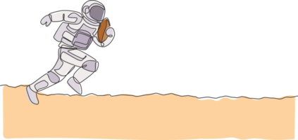 One continuous line drawing of astronaut practicing American football in deep space galaxy. Spaceman healthy fitness sport concept. Dynamic single line draw design illustration graphic png