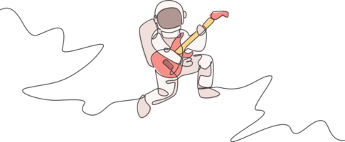 One continuous line drawing of astronaut with spacesuit playing acoustic guitar in galaxy universe. Outer space music concert concept. Dynamic single line draw design illustration graphic png