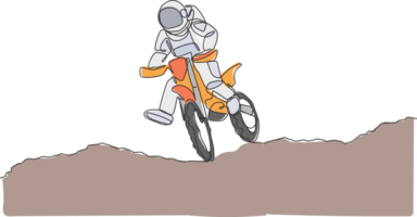 uno singolo linea disegno astronauta astronauta praticante motocross nel cosmico galassia illustrazione. salutare esterno spazio cosmonauta stile di vita sport concetto. moderno continuo linea grafico disegnare design png