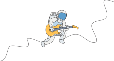 One continuous line drawing of astronaut with spacesuit playing acoustic guitar in galaxy universe. Outer space music concert concept. Dynamic single line draw design graphic illustration png