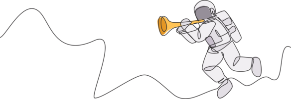 einer kontinuierlich Linie Zeichnung von Astronaut mit Raumanzug spielen Trompete im Galaxis Universum. äußere Raum Musik- Konzert und Orchester Konzept. dynamisch Single Linie zeichnen Design Grafik Illustration png