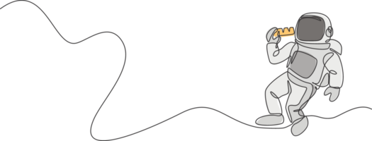 One single line drawing of astronaut flying in cosmos galaxy while eating sweet milk chocolate bar graphic illustration. Fantasy outer space life concept. Modern continuous line draw design png