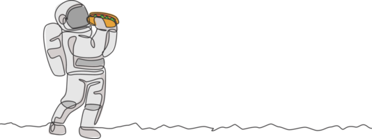 een doorlopend lijn tekening van kosmonaut aan het eten pittig heet hond in galactisch universum. fantasie buitenste ruimte astronaut leven concept. dynamisch single lijn trek ontwerp grafisch illustratie png