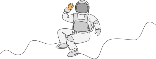 One continuous line drawing of cosmonaut eating spicy Mexican taco in galactic universe. Fantasy outer space astronaut life concept. Dynamic single line draw design illustration graphic png