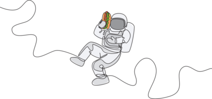 Single continuous line drawing of spaceman holding and eating delicious hot dog in nebula galaxy. Fantasy fiction of outer space life concept. Trendy one line draw graphic design illustration png