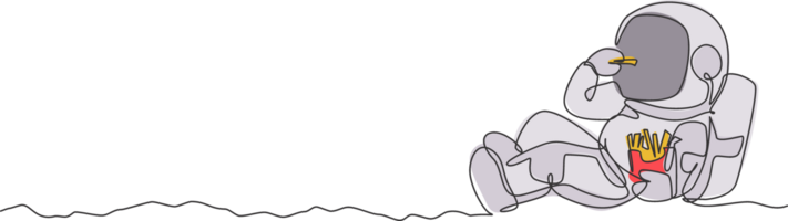 One continuous line drawing of cosmonaut laying relax on moon surface and eating french fries. Fantasy outer space astronaut life concept. Dynamic single line draw design illustration graphic png