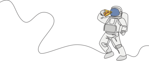 One single line drawing astronaut flying in cosmos galaxy while eating delicious spicy Italian pizza graphic illustration. Fantasy outer space life concept. Modern continuous line draw design png