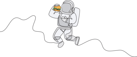 One continuous line drawing of cosmonaut eating fresh delicious burger in galactic universe. Fantasy outer space astronaut life concept. Dynamic single line draw design illustration graphic png
