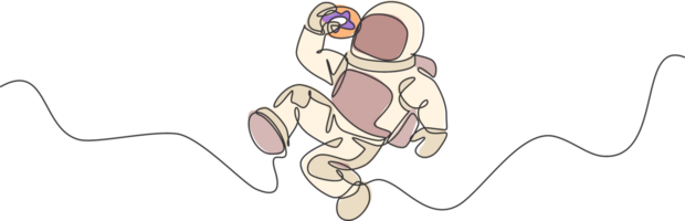 Single continuous line drawing of spaceman relaxing and eating sweet glazed donut in nebula galaxy. Fantasy fiction of outer space life concept. Trendy one line draw design graphic illustration png
