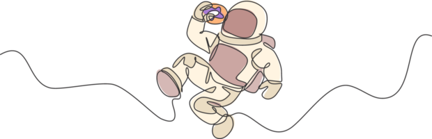 Single continuous line drawing of spaceman relaxing and eating sweet glazed donut in nebula galaxy. Fantasy fiction of outer space life concept. Trendy one line draw design graphic illustration png