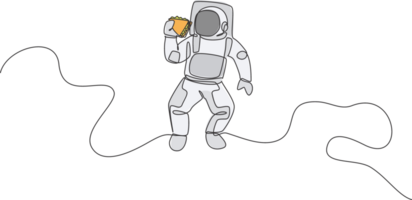 One single line drawing of astronaut flying in cosmos galaxy while eating fresh sandwich graphic illustration. Fantasy outer space life concept. Modern continuous line draw design png