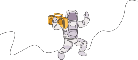 Single continuous line drawing of astronaut bringing vintage radio on shoulder in cosmic galaxy. Outer space music concert concept. Trendy one line draw design graphic illustration png