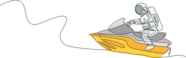 singolo continuo linea disegno di astronauta esercizio Moto d'acqua su Luna superficie, esterno in profondità spazio. spazio astronomia galassia sport concetto. di moda uno linea disegnare grafico design illustrazione png