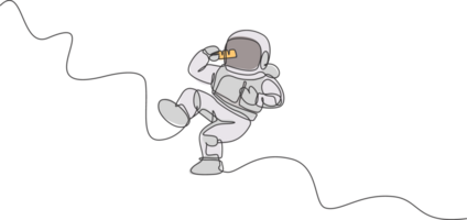 One continuous line drawing of cosmonaut eating sweet milk chocolate bar in galactic universe. Fantasy outer space astronaut life concept. Dynamic single line draw graphic design illustration png